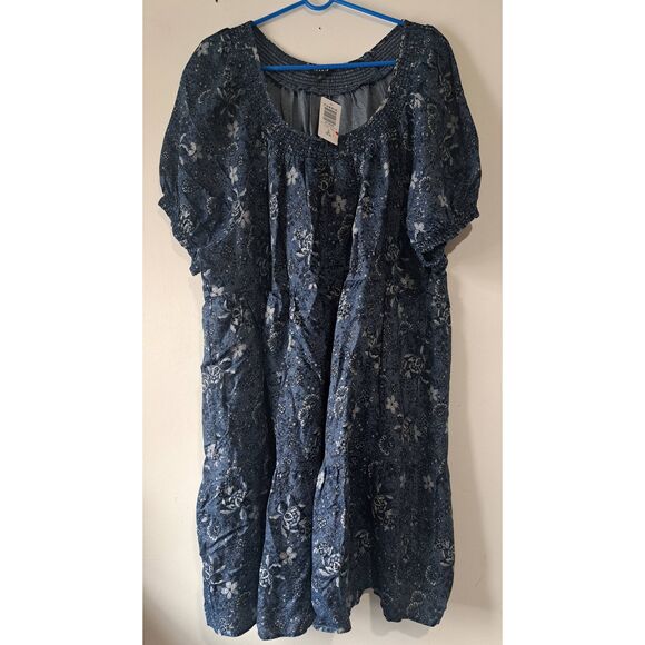 Torrid womens 2xl blue denim shift dress tiered boho pockets puff sleeve - Picture 2 of 8